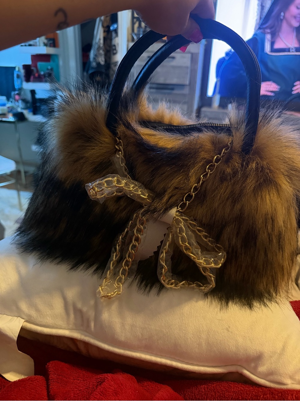 Ashley Stewart Faux Fur Satchel in Brown with Black Handle - Picture 6 of 6
